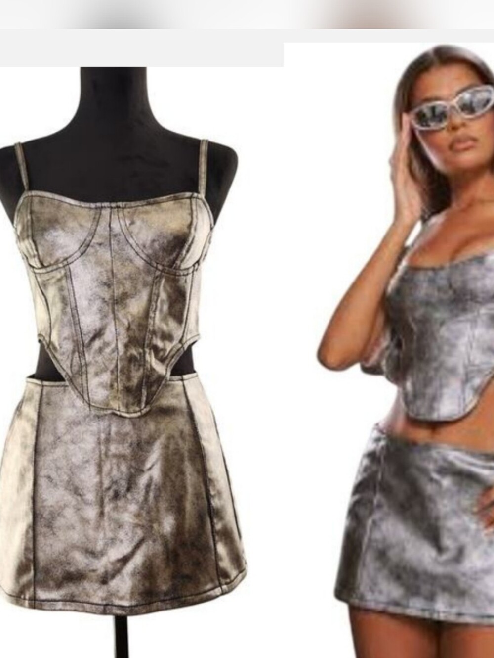 PRETTYLITTLETHING NWT Silver Micro Mini Denim Coated Corset & Skirt, Size 4